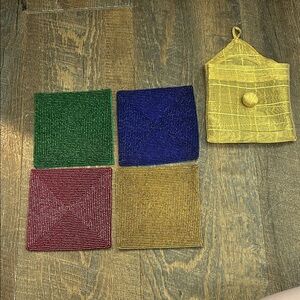 Set 4 Vintage Pottery Barn Glass Hand Beaded Beverage Coasters Square BOHO